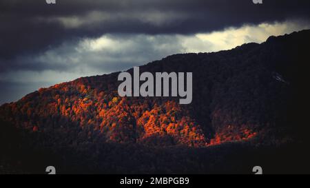 Belle e fitte nuvole sulla cima della montagna Foto Stock