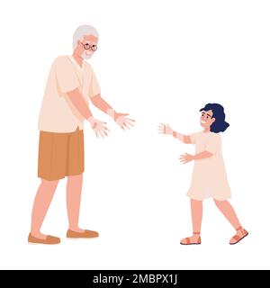 Nonno che estende le mani ai caratteri vettoriali di colore semi-piatti femminili del bambino Illustrazione Vettoriale