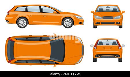 Modello vettoriale per auto con stazione arancione con colori semplici senza sfumature ed effetti. Vista laterale, anteriore, posteriore e superiore Illustrazione Vettoriale