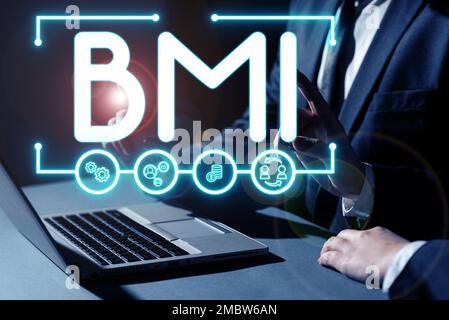 Segno che visualizza BMI, metodo di approccio di affari di stima dei livelli di grasso corporeo basati su peso e altezza Foto Stock