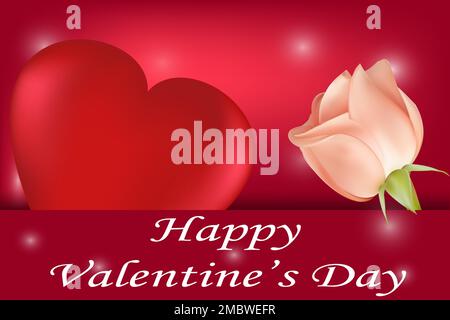 Un grande cuore rosso e una rosa bianca in una busta su sfondo rosso e l'iscrizione Buon San Valentino. Immagine vettoriale. Illustrazione Vettoriale