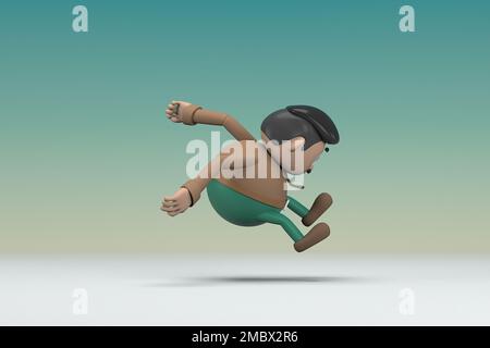 L'uomo con i baffi che indossa una camicia lunga marrone pantaloni verdi. Sta saltando. 3d rendering del carattere cartoon in recitazione. Foto Stock