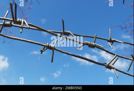 Filo spinato allungato sopra il cielo blu Foto dettagliata Foto Stock