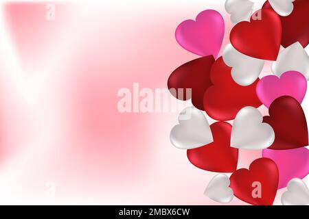 Cuori multicolore su sfondo bianco e rosa con spazio copia. Concetto di San Valentino. Sfondo universale vacanza. Immagine vettoriale. Illustrazione Vettoriale