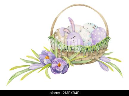 Acquerello disegnata a mano la clipart di festa di Pasqua. Cesto di uova pastello dipinte, coniglietti, fiori primaverili. Isolato su sfondo bianco. Progettazione per Foto Stock