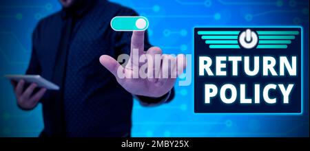 Didascalia di testo che presenta la politica di restituzione. Termini e condizioni di vendita al dettaglio per il rimborso fiscale sull'acquisto Foto Stock