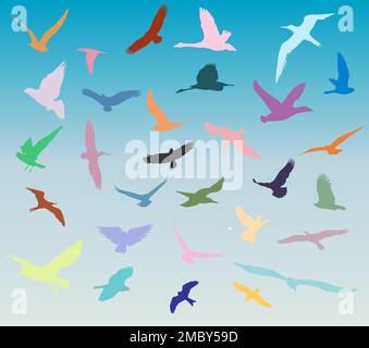 Gli uccelli volanti si affollano sull'orizzonte del cielo blu e sul mare Illustrazione Vettoriale