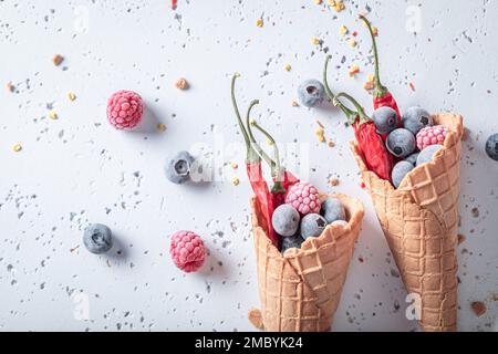 Gelato freddo e piccante in cono con peperoncino e frutta. Strano icecream. Foto Stock