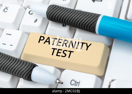 Didascalia di testo che presenta il test di paternità. Business vetrina un test di DNA per determinare se un dato uomo è il padre biologico Foto Stock