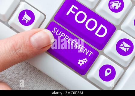Ispirazione che mostra il segno Food Supplement. Internet Concept Condizioni e pratiche che preservano la qualità del cibo Foto Stock