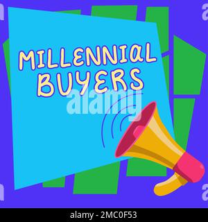 Cartello di testo che mostra gli acquirenti Millennial. Vetrina aziendale tipo di consumatori interessati a prodotti di tendenza Foto Stock