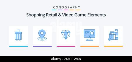 Shopping Retail e Video Game Elements Blue 5 Icon Pack incluso box . shopping. diamante. monitor . computer. Icone creative Design Illustrazione Vettoriale