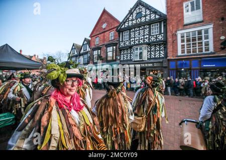 Nantwich Cheshire 21 Gennaio 2023 i ballerini Morris intrattengono le folle di Nantwich, mentre attendono la rievocazione della Battaglia di Nantwich per avere luogo Paul Quezada-Neiman/Alamy Live News Foto Stock