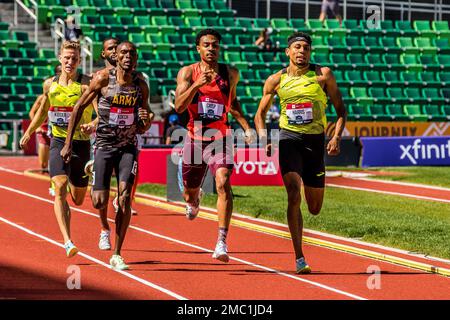 Jonah Koech, atleta soldato di pista e campo assegnato al World Class Athlete Program, partecipa alla Steeplechase maschile 800m al Campionato USA Track and Field Outdoor 2022 di Eugene, Oregon, dal 23 al 26 giugno 2022. Koech ha piazzato 2nd nelle finali, punzonando il suo biglietto per i Campionati Mondiali di Atletica del 2022 a luglio. Foto Stock