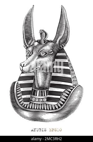Incisione a mano Anubis stile clip art bianco e nero Illustrazione Vettoriale