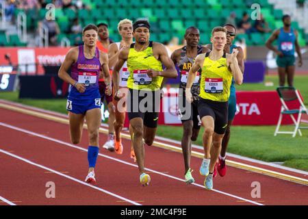 Jonah Koech, atleta soldato di pista e campo assegnato al World Class Athlete Program, partecipa alla Steeplechase maschile 800m al Campionato USA Track and Field Outdoor 2022 di Eugene, Oregon, dal 23 al 26 giugno 2022. Koech ha piazzato 2nd nelle finali, punzonando il suo biglietto per i Campionati Mondiali di Atletica del 2022 a luglio. Foto Stock