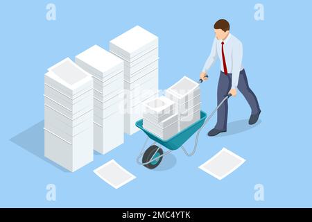 Pile isometriche di documenti cartacei e archivi in ufficio, burocrazia, sovraccarico. Burocrate in ufficio. Uomo d'affari che guida una carriola con carta Illustrazione Vettoriale