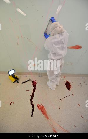 Una vista ritratto di un ufficiale di polizia al lavoro in una scena di crimine nella stanza di spargimento di sangue del reparto di medicina legale. Foto Stock