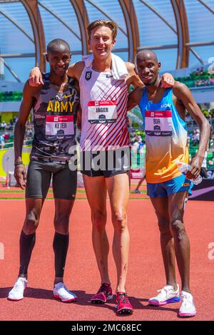 Bernard Keter, atleta soldato di pista e campo assegnato al World Class Athlete Program, partecipa alla Steeplechase maschile 3000m al Campionato USA Track and Field Outdoor 2022 di Eugene, Oregon, dal 23 al 26 giugno 2022. Keter, un olimpico 2020, si è qualificato per il Campionato Mondiale di Atletica 2022 piazzando 3rd nella gara finale. Foto Stock