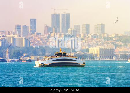 Paesaggio estivo della città - vista del Bosforo e del quartiere storico di Besiktas, Istanbul, in Turchia Foto Stock