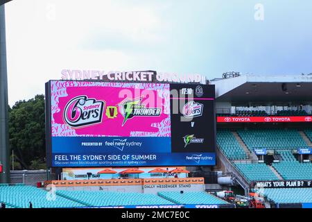 21st gennaio 2023; Sydney Cricket Ground, Sydney, NSW, Australia: Big Bash T20 League Cricket, Sydney Sixers contro Sydney Thunder; pubblicità su grande schermo al SCG Foto Stock