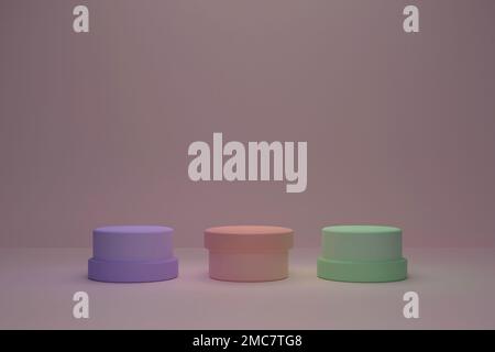 Sfondo astratto, mock up scena con podi cilindro beige-rosa, verde e viola con tappi su sfondo beige-rosa. rendering 3d. Foto Stock