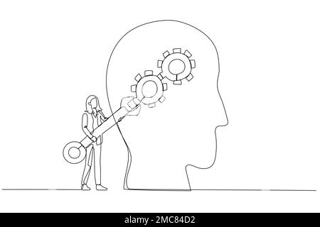 Disegno della donna d'affari con usando la metafora di ingranaggio di fissaggio della chiave per cambiare l'atteggiamento di mindset. Stile artistico a linea continua singola Illustrazione Vettoriale
