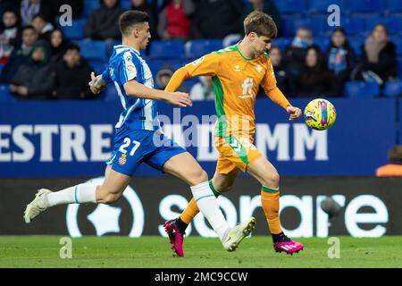 Juan Miranda di Real Betis durante la partita Liga tra RCD Espanyol e Real Betis allo stadio RCDE di Cornella, Spagna. Foto Stock