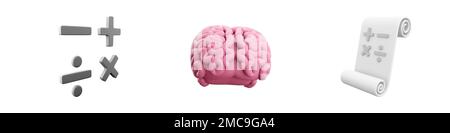 3d rendering delle operazioni mathmetical, cervello, icona del rotolo di carta su sfondo bianco. 3d rendering mathmetical operazioni, cervello, rotolo di carta serie di icone. Foto Stock