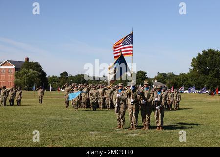 FORT GEORGE G. MEADE, MD – Soldati, civili, amici e familiari rendono omaggio durante l'inno nazionale degli Stati Uniti, alla cerimonia del cambio di comando della Brigata dell'intelligenza militare (Cyber) del 780th sul campo McGlachlin Parade, giugno 28. Foto Stock