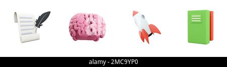 3d rendering cervello, rotolo di carta, razzo, libri icona su sfondo bianco. 3d rendering cervello, rotolo di carta, razzo, libri icona set. Foto Stock