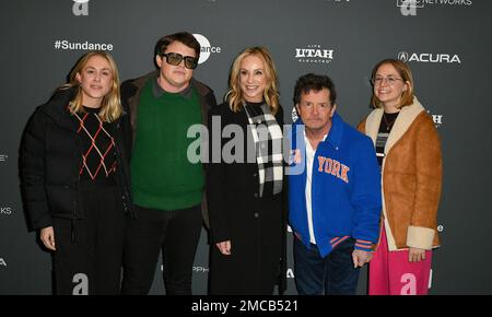 Sam Michael Fox. Schuyler Frances Fox, Aquinnah Kathleen Fox, Tracy Pollan e Michael J Fox parteciperanno al Sundance Film Festival 'STILL' del 2023 all'Eccles Center Theatre il 20 gennaio 2023 a Park City, Utah. Foto: Casey Flanigan/imageSPACE/MediaPunch Foto Stock