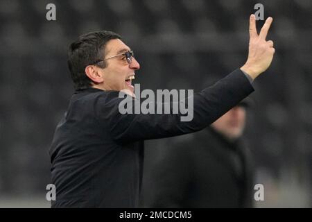 Berlin's head coach Tayfun Korkut gestures during the German Soccer Cup