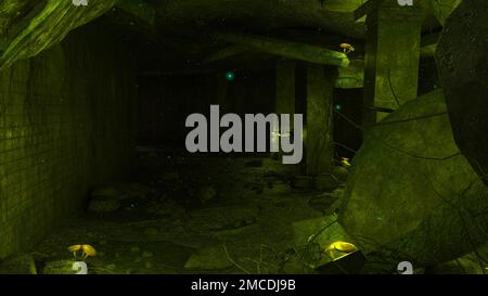 3D-illustrazione di una stazione della metropolitana postapocalittica Foto Stock