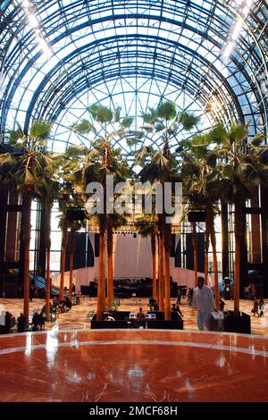 Il Wintergarden Atrium of the World Financial Center di New York è decorato con palme tropicali Foto Stock
