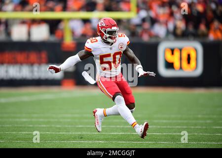 Kansas City Chiefs middle linebacker Willie Gay Jr. during pre-game warmups  before the NFL AFC Championship football game against the Cincinnati  Bengals, Sunday, Jan. 30, 2022 in Kansas City, Mo.. (AP Photos/Reed