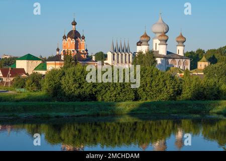 Cupole dell'antico monastero dell'Assunzione di Tikhvin nel paesaggio estivo in una soleggiata mattinata di agosto. Regione di Leningrado, Russia Foto Stock