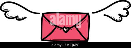 Barbetta disegnata a mano di busta chiusa con illustrazione vettoriale delle ali. E-mail amore messege concetto per San Valentino. Illustrazione Vettoriale