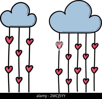 Nuvola disegnata a mano piovendo con cuori doodle vettore illustrazione. Illustrazione Vettoriale