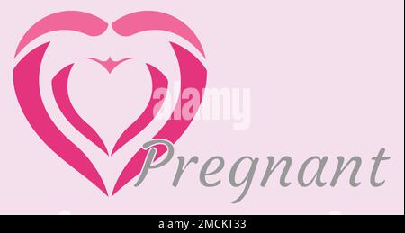 Segno incinta e tag, due cuori rappresentano la madre e il bambino, ostetricia e ginecologo logo e banner, cuore rosa, famiglia stile minimalista design Foto Stock