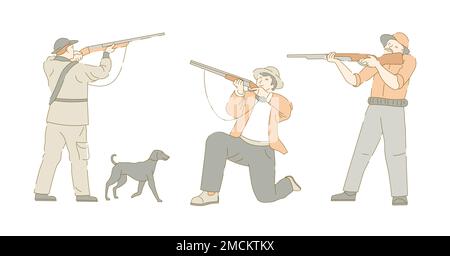 Cacciatore o cacciatore e caccia al cane sport personaggi isolati Illustrazione Vettoriale