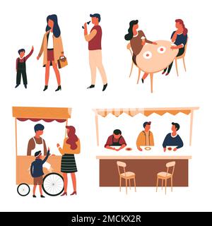Caffè e tenda con banco carrello gelato e hamburger Illustrazione Vettoriale
