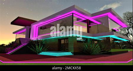 Illuminazione serale dell'elegante cottage familiare. Combinazione vincente di turchese e viola. Vista dei gradini luminosi del portico. rendering 3d. Foto Stock