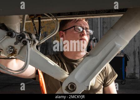 Airman 1st Class Trevor Finley, capo equipaggio unità di manutenzione aeromobili 44th, ispeziona il pannello di stato dell'aeromobile su un F-15C Eagle su Kadena Air base, Giappone, 6 luglio 2022. I capi dell'equipaggio effettuano ispezioni di base dopo il volo nell'ambito delle loro procedure di recupero. Foto Stock