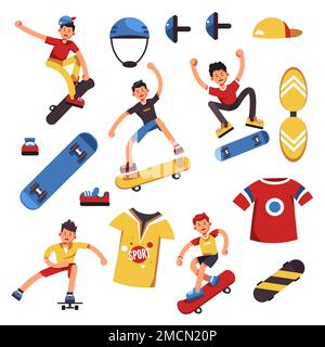 Skateboarder skateboard sport ragazzo su skateboard e attrezzatura oggetti isolati Illustrazione Vettoriale