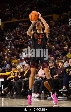 La guardia USC Kobe Johnson (0) tenta un colpo nella prima metà della partita di pallacanestro NCAA contro l'Arizona state a Tempe, Arizona, sabato 21 gennaio Foto Stock