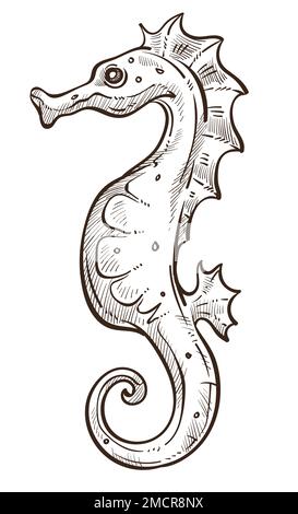 Cavalluccio marino isolato animale subacqueo schizzo simbolo marino o frutti di mare Illustrazione Vettoriale