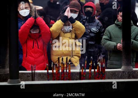 SHENYANG, CINA - 22 GENNAIO 2023 - le persone vengono al tempio di Shisheng per offrire incenso e campane ad anello per dare il benvenuto all'anno del coniglio a Shenyang, Foto Stock