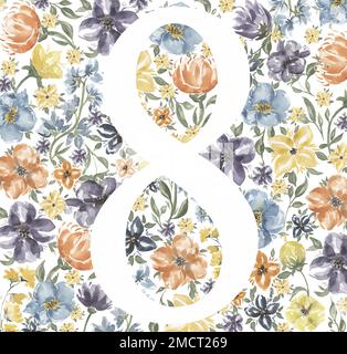 Numeri di fiori selvatici, clipart floreale, Acquerello Meadow Flowers otto numero, Herbs clip art, lettere, illustrazione floreale, Wedding invita Foto Stock