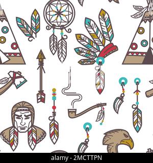 Tribù indiane elementi indiani nativi americani modello senza giunture Illustrazione Vettoriale